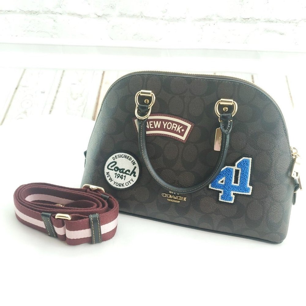 Coach Womens Brown Signature Canvas Ski Patches Double Handles Katy Satc…